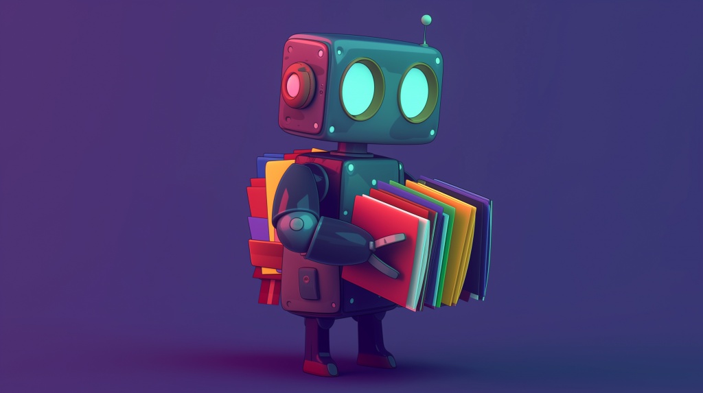 Робот держит в руках папки с данными для переноса Метрики Робот держит в руках папки с данными для переноса Метрики